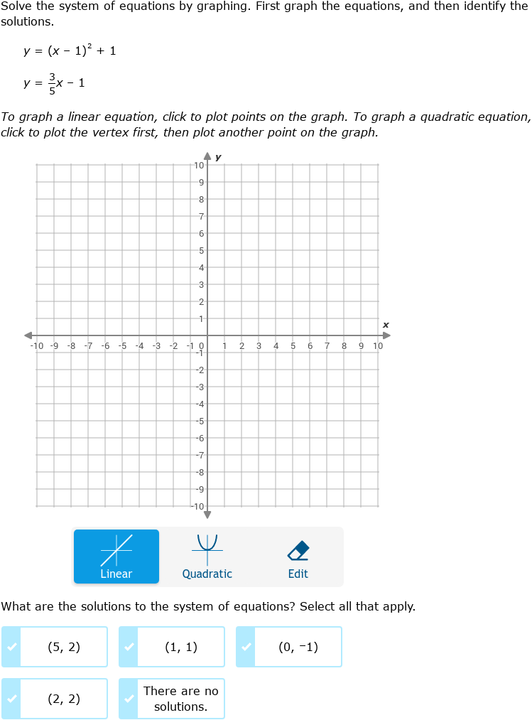 IXL - Solve a system of linear and quadratic equations: parabolas (Algebra 2  practice)