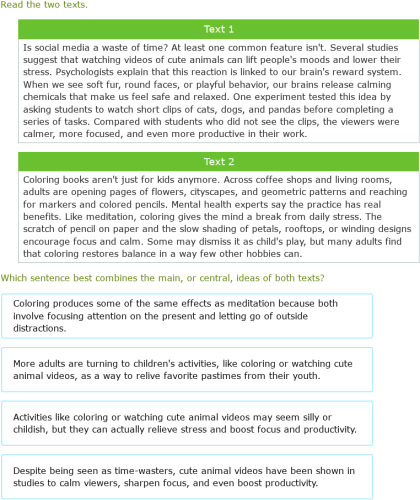 IXL | Combine main ideas from two texts | 7th grade language arts