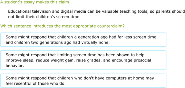IXL | Choose the most appropriate counterclaim for a given claim | 11th
