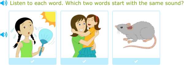 IXL | Which two words start with the same sound? | 1st grade language arts